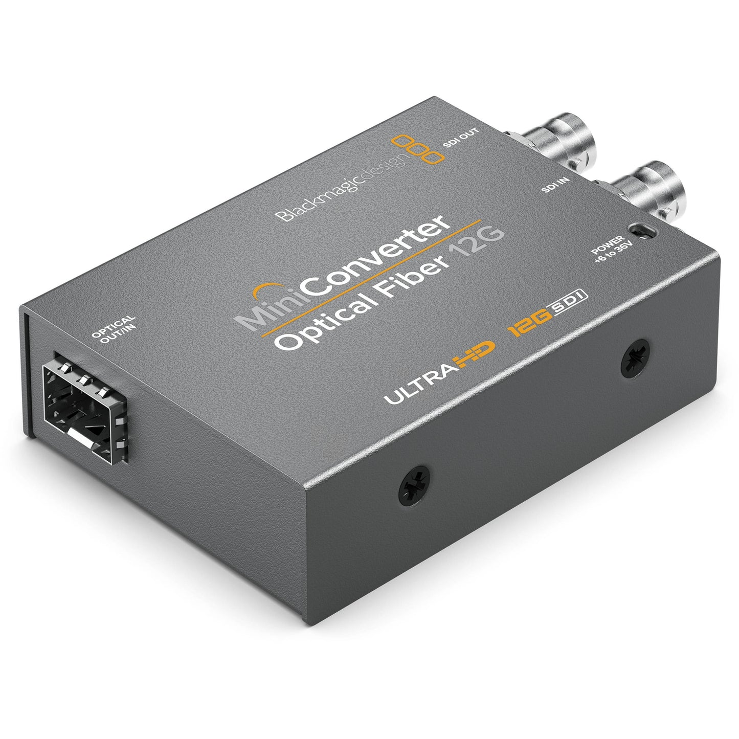 Blackmagic Design Mini Converter Optical Fiber 12G angled view showing optical OUT/IN SFP cage