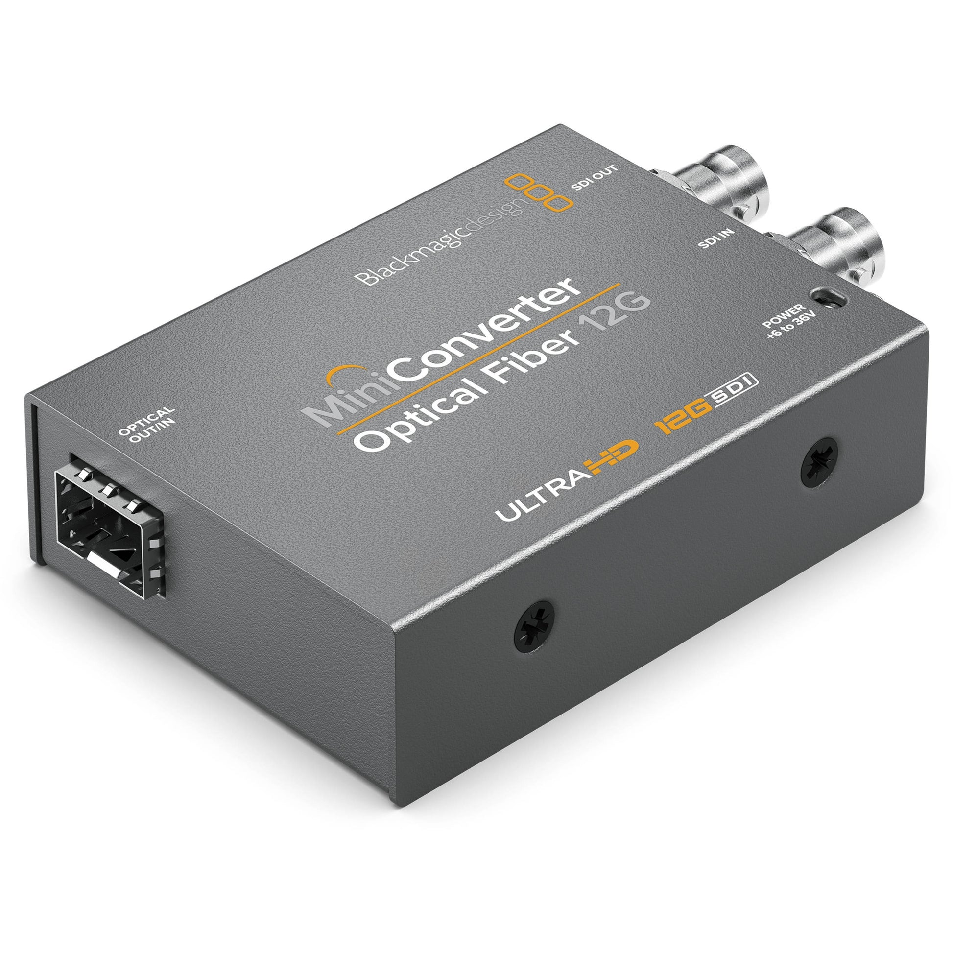 Blackmagic Design Mini Converter Optical Fiber 12G angled view showing optical OUT/IN SFP cage
