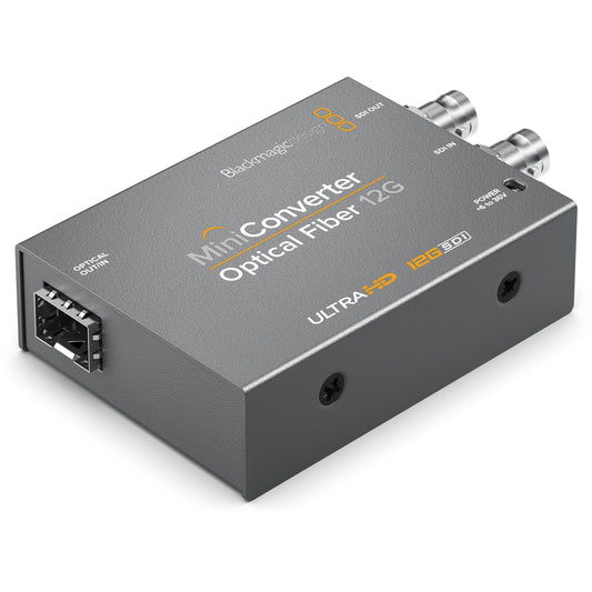 Blackmagic Design Mini Converter Optical Fiber 12G angled view showing optical OUT/IN SFP cage