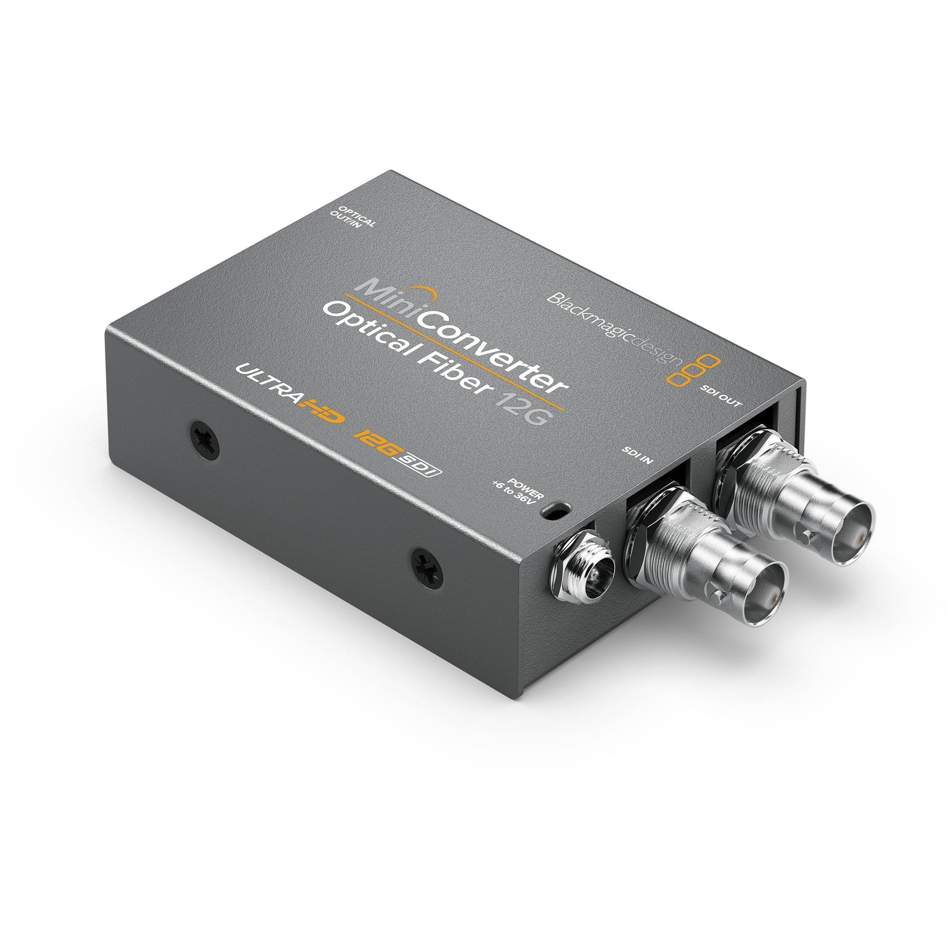 Blackmagic Design Mini Converter Optical Fiber 12G angled view of BNC SDI connectors and power jack