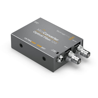 Blackmagic Design Mini Converter Optical Fiber 12G angled view of BNC SDI connectors and power jack