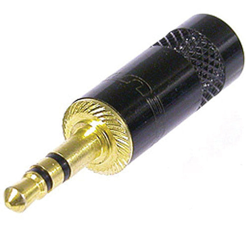 REAN NYS231BG 3.5mm stereo plug with gold-plated contacts and black knurled barrel, angled view