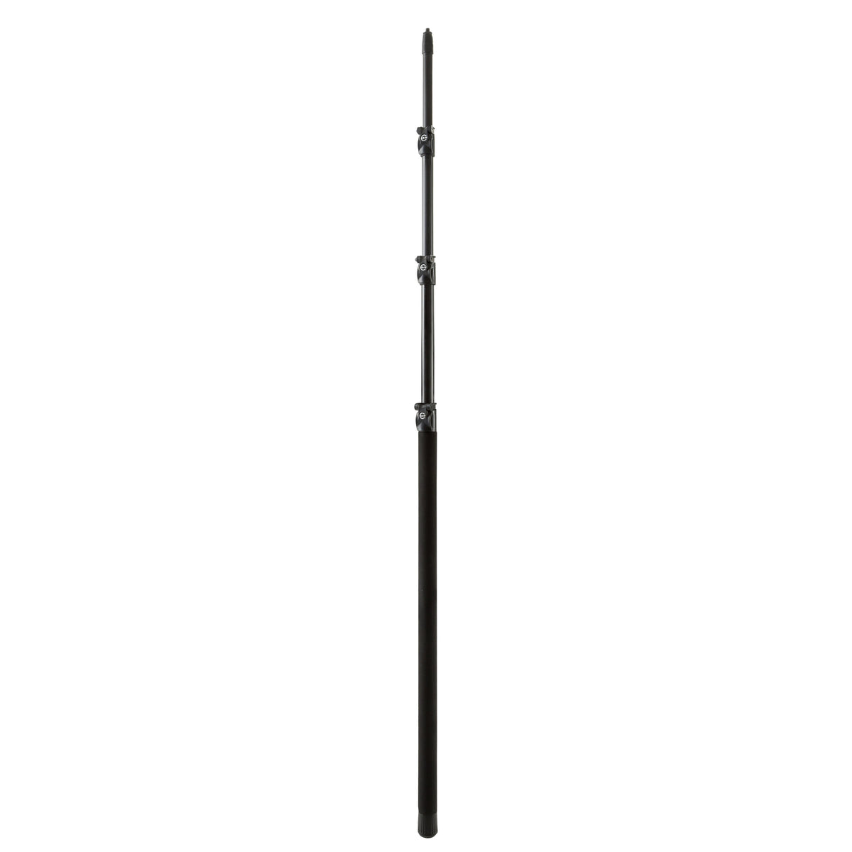 23765 aluminum fishing pole mic boom full-length view, fully extended with three telescoping clamp sections and foam-covered grip handle, K&M