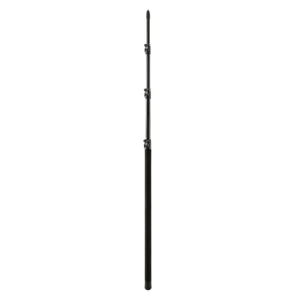 23765 aluminum fishing pole mic boom full-length view, fully extended with three telescoping clamp sections and foam-covered grip handle, K&M