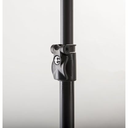 23765 mic boom pole close-up of telescoping section clamp with K&M logo and hex screw on black pole, K&M