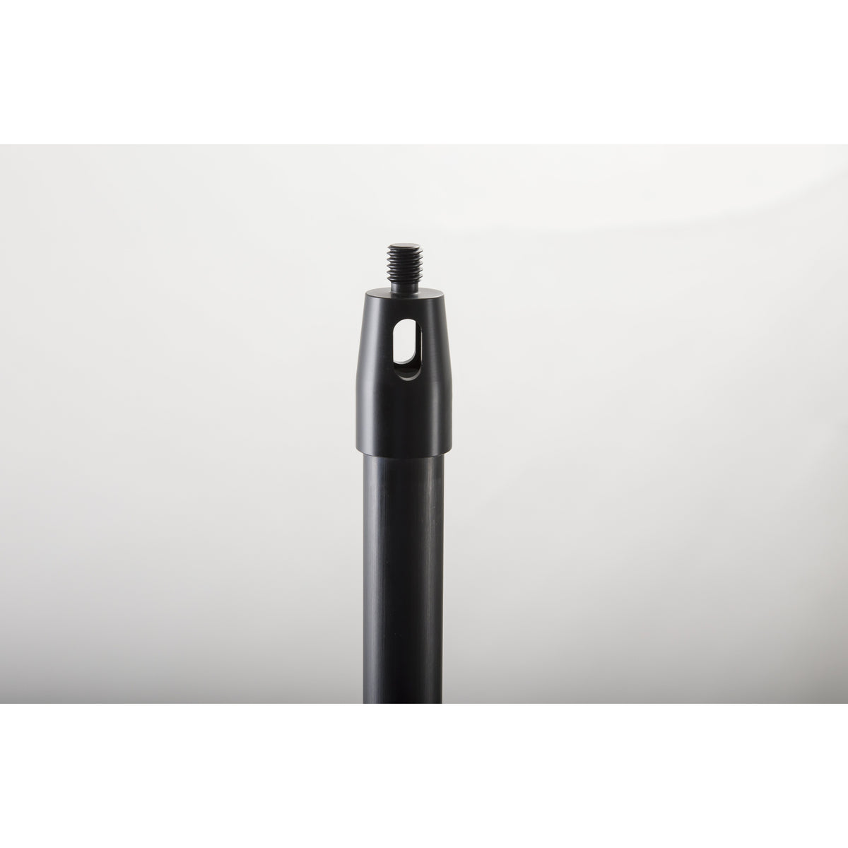 23765 mic boom pole top end detail showing threaded mounting stud and slotted black tip cap for microphone holder attachment, K&M