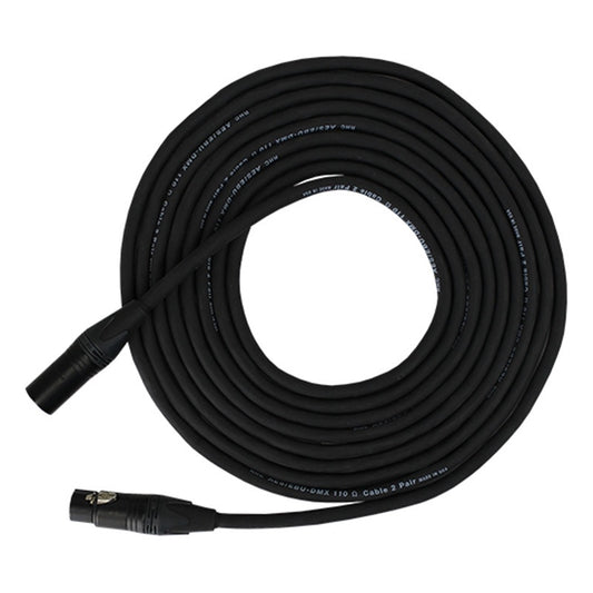 ProCo Sound DMX 5-pin cable coiled with black male and female XLR connectors and printed jacket text