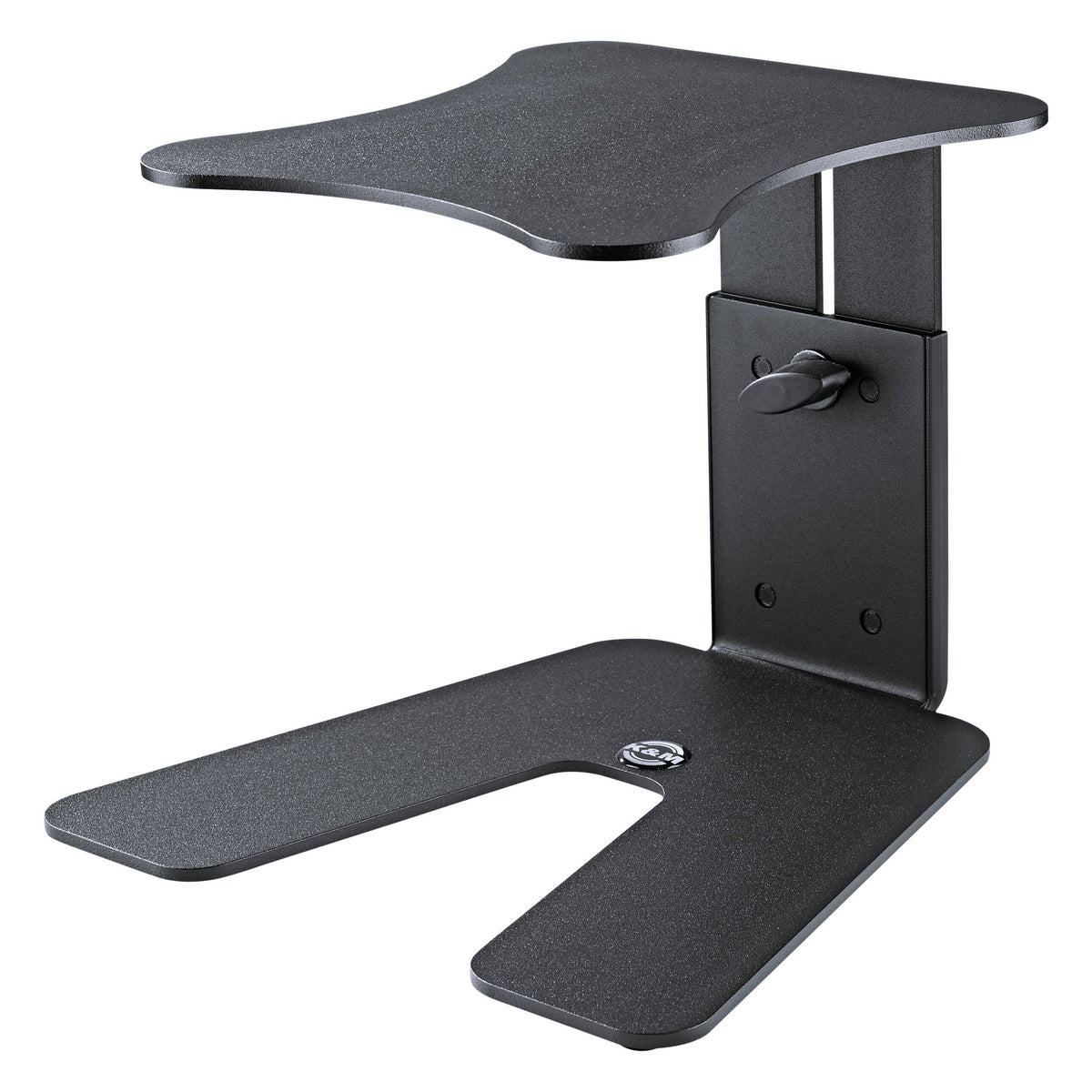 Table monitor stand front three-quarter view showing black steel top plate, U-shaped base and side-mounted locking height knob, K&M