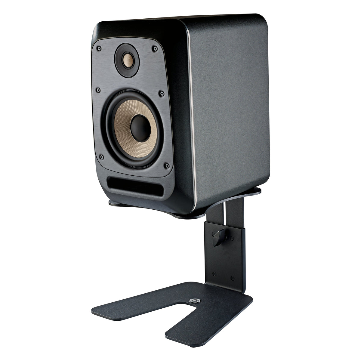 Table monitor stand in use holding a studio monitor speaker with woofer and tweeter on the raised top plate, K&M