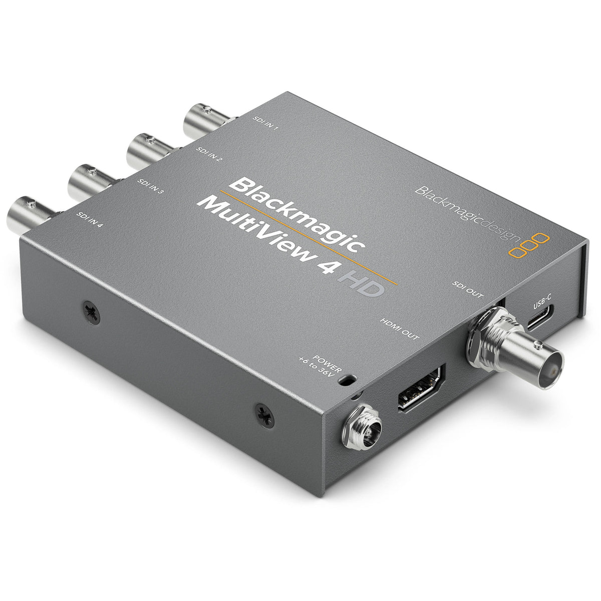 Blackmagic Design MultiView 4 HD angled rear view showing HDMI out, SDI out BNC, USB-C and power jack