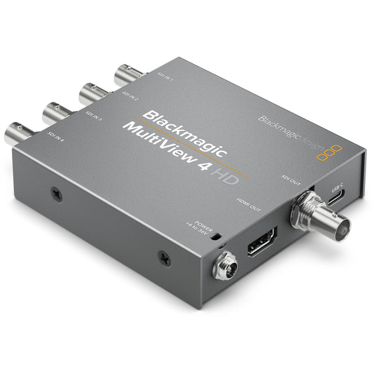 Blackmagic Design MultiView 4 HD angled rear view showing HDMI out, SDI out BNC, USB-C and power jack