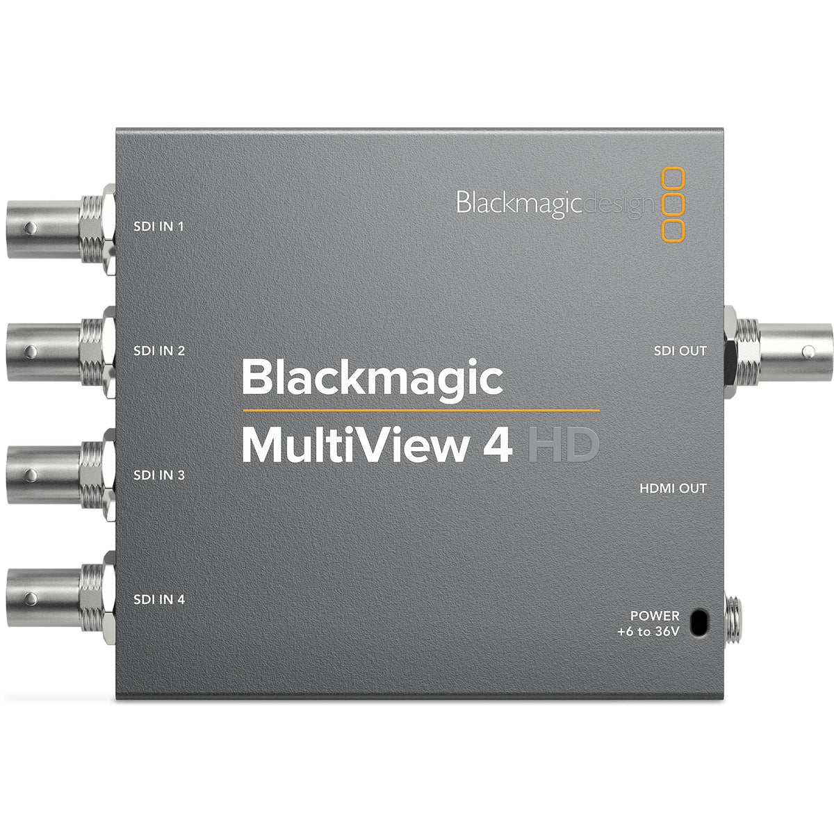 Blackmagic Design MultiView 4 HD top view with four SDI inputs, SDI out, HDMI out and power labels