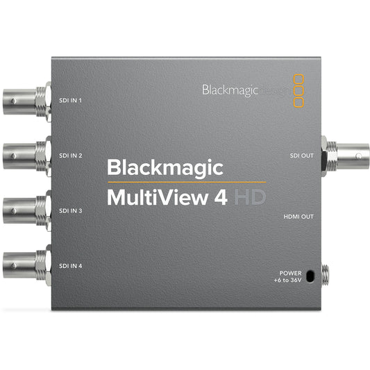 Blackmagic Design MultiView 4 HD top view with four SDI inputs, SDI out, HDMI out and power labels