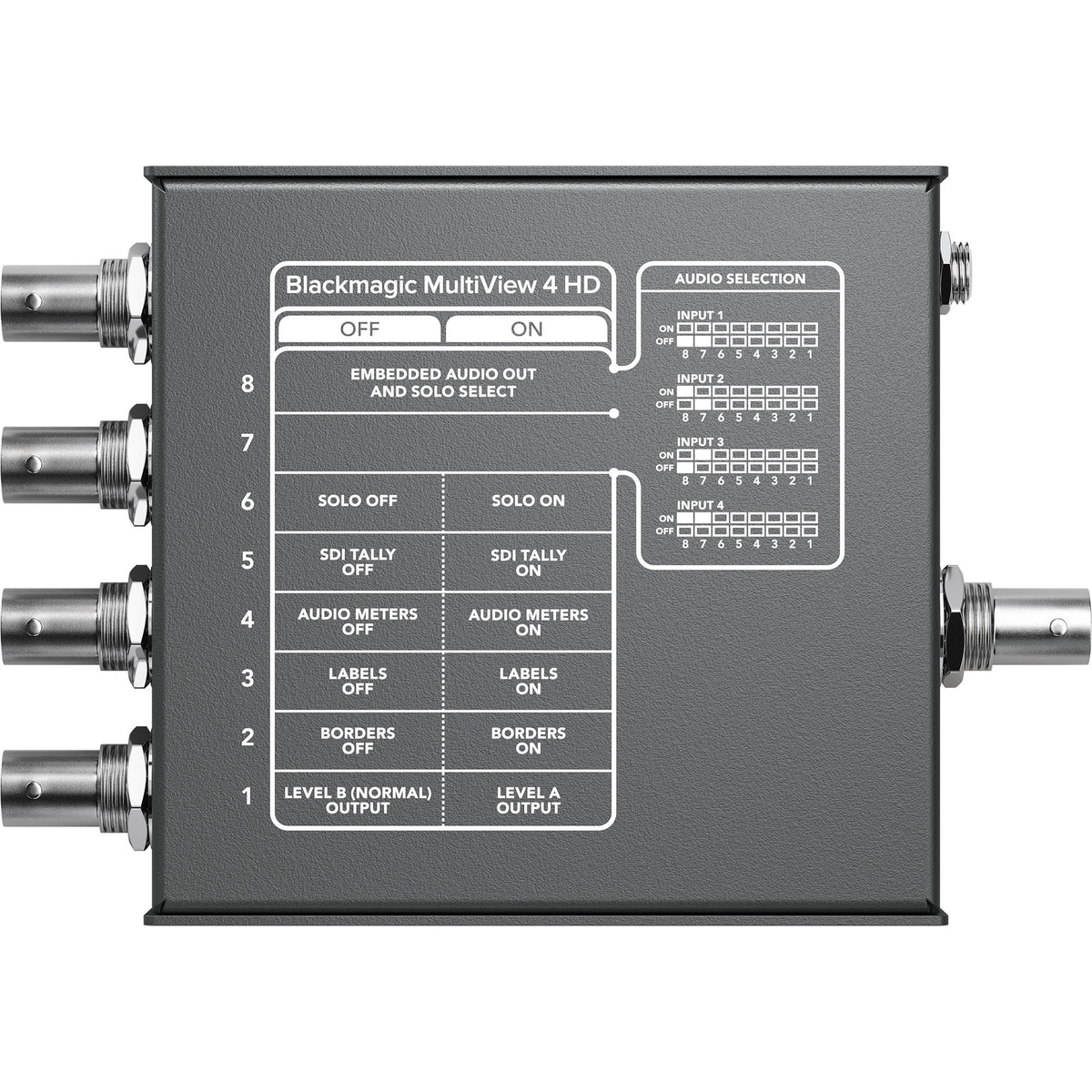 Blackmagic Design MultiView 4 HD underside switch settings chart for solo, tally, labels and audio