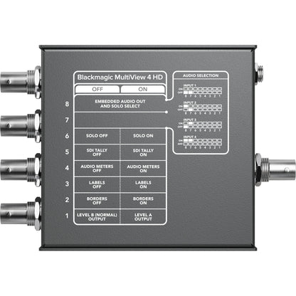 Blackmagic Design MultiView 4 HD underside switch settings chart for solo, tally, labels and audio