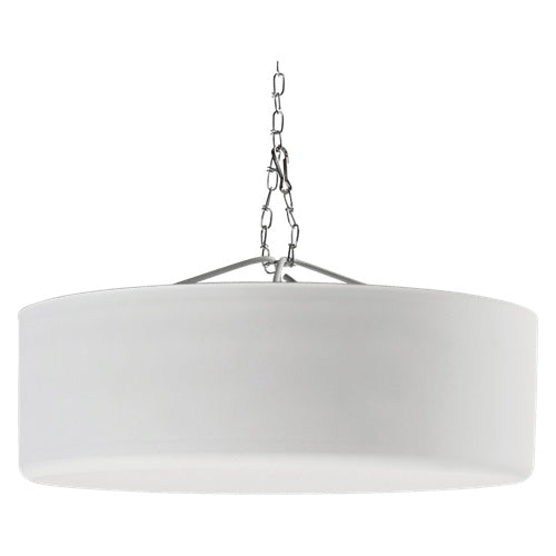 M1000R-W sound masking speaker suspended by chain hanging hardware from its round white back can enclosure, AtlasIED