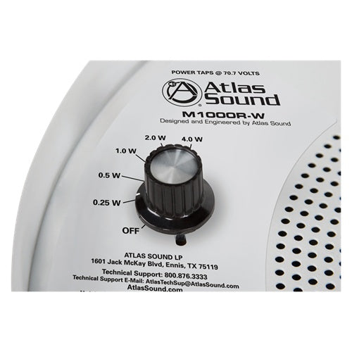 M1000R-W power tap selector detail showing 70.7V rotary switch marked OFF through 4.0W, AtlasIED