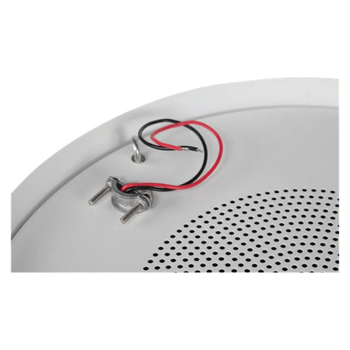 M1000R-W baffle close-up with red and black input leads and tile bridge mounting clip, AtlasIED