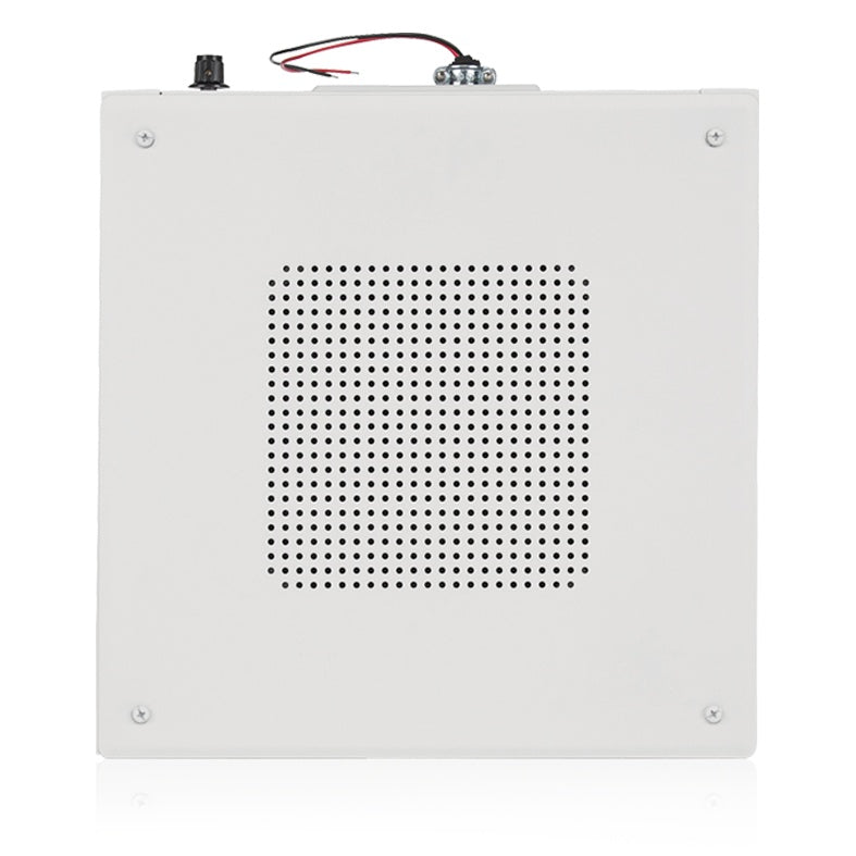 M1000-W sound masking speaker front view showing square perforated baffle, white enclosure and pigtail leads, AtlasIED