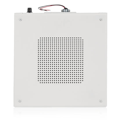M1000-W sound masking speaker front view showing square perforated baffle, white enclosure and pigtail leads, AtlasIED