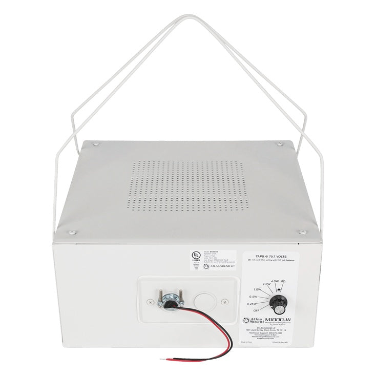 M1000-W rear panel detail with 70.7V tap selector, UL label and support bail wires, AtlasIED