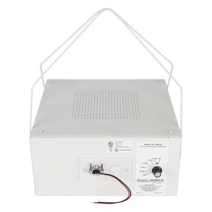 M1000-W rear panel detail with 70.7V tap selector, UL label and support bail wires, AtlasIED