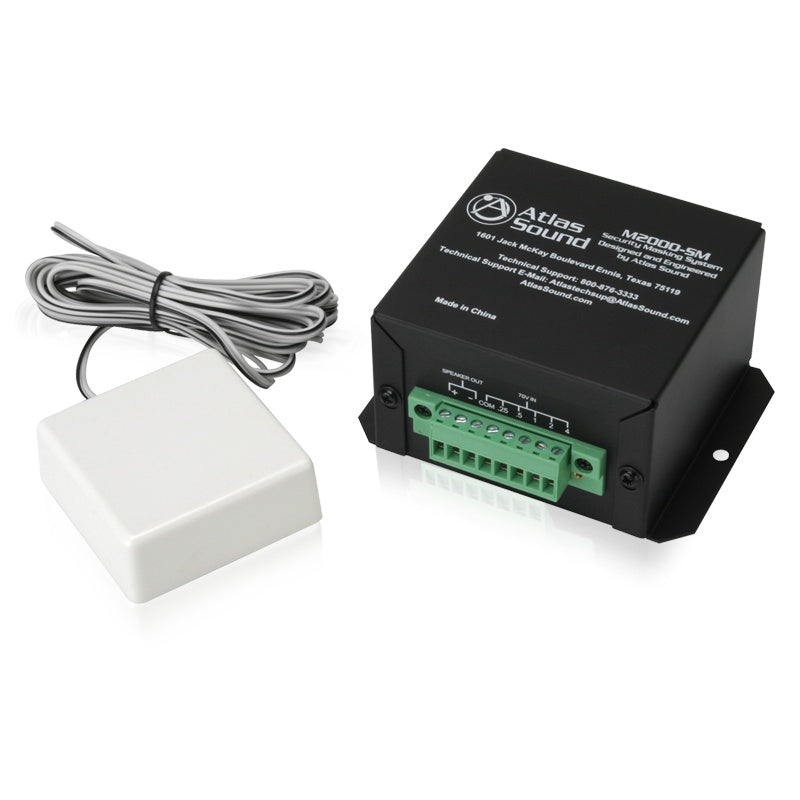 M2000-SM surface mount sound masking transducer angled view with black enclosure, green Euroblock terminals and white emitter on gray cable, AtlasIED