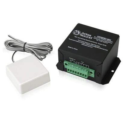M2000-SM surface mount sound masking transducer angled view with black enclosure, green Euroblock terminals and white emitter on gray cable, AtlasIED