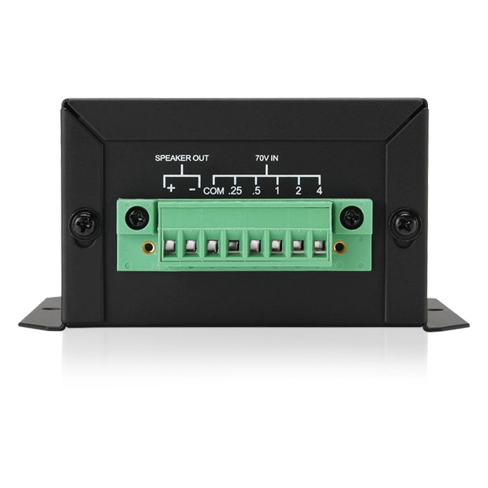 M2000-SM front panel detail showing SPEAKER OUT and 70V IN terminal block with COM, .25, .5, 1, 2 and 4 watt taps, AtlasIED