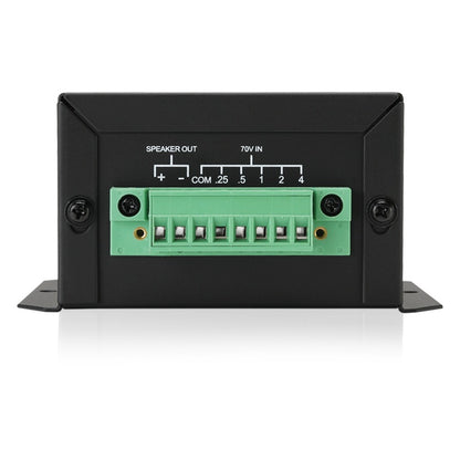 M2000-SM front panel detail showing SPEAKER OUT and 70V IN terminal block with COM, .25, .5, 1, 2 and 4 watt taps, AtlasIED