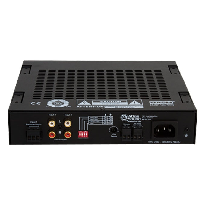 MA40G rear panel showing balanced Phoenix Input 1, RCA unbalanced Inputs 2 and 3, DIP switches, VOX sense control and IEC power inlet, AtlasIED