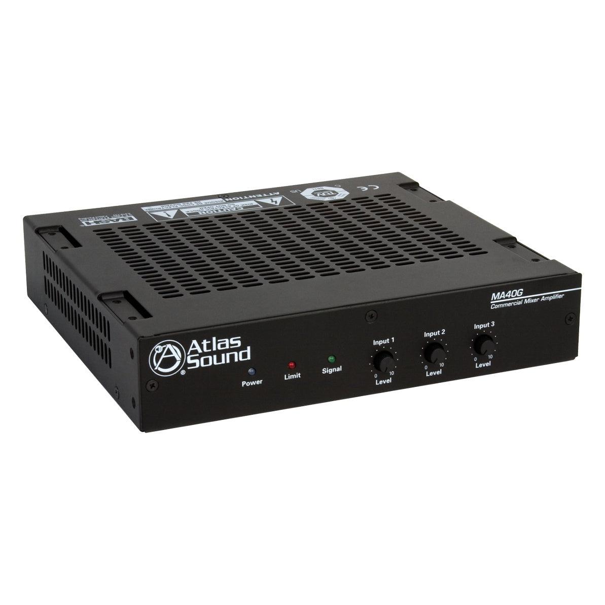 MA40G front angled view with Power, Limit and Signal LEDs and three input level knobs on vented chassis, AtlasIED