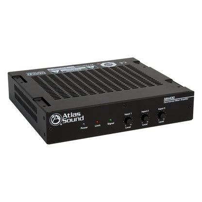 MA40G front angled view with Power, Limit and Signal LEDs and three input level knobs on vented chassis, AtlasIED