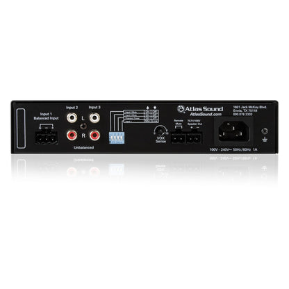 MA60G rear panel showing balanced Phoenix input, RCA inputs 2 and 3, DIP switches, VOX Sense control, 70.7V/100V speaker terminals and IEC power inlet, AtlasIED