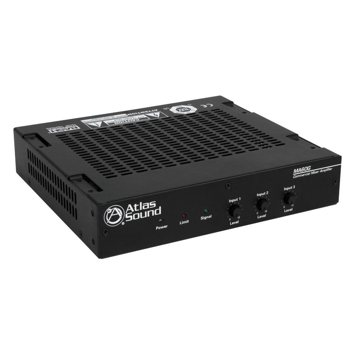 MA60G 60-watt mixer amplifier front angle view with three input level knobs and Power, Limit and Signal LEDs on vented black chassis, AtlasIED