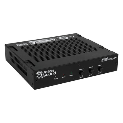 MA60G 60-watt mixer amplifier front angle view with three input level knobs and Power, Limit and Signal LEDs on vented black chassis, AtlasIED