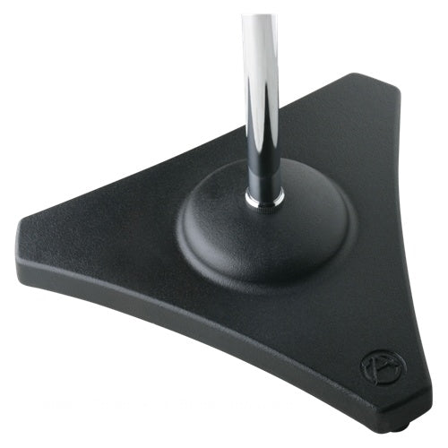 MS25 mic stand triangular cast base detail with chrome cover removed and chrome upright shaft, AtlasIED