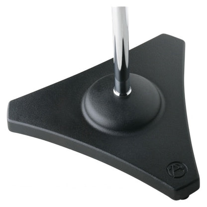 MS25 mic stand triangular cast base detail with chrome cover removed and chrome upright shaft, AtlasIED