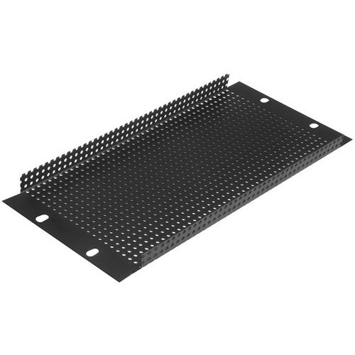 AtlasIED PPR1-HR recessed vented rack panel in black, angled view showing perforated face and rack ears