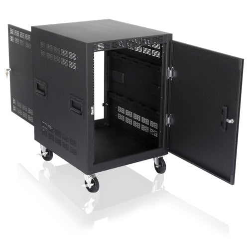 AtlasIED 14RU Mobile Equipment Rack With Caters and Side Handles | 25" | Casters, Side Handles, and Solid Doors