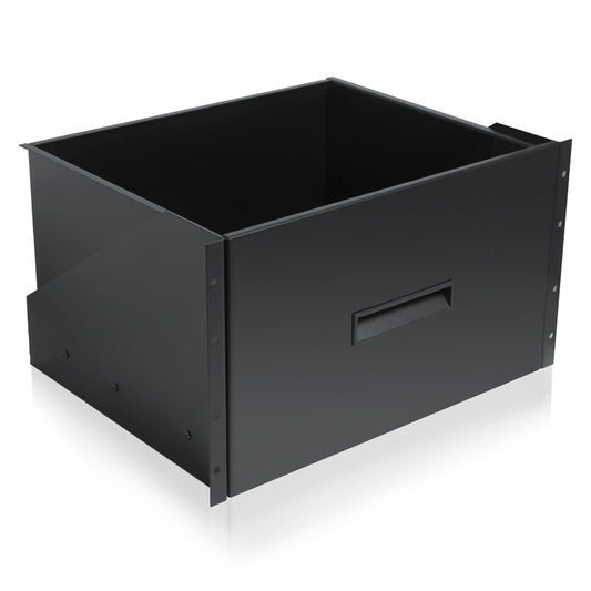 AtlasIED SD6-14 black 6 RU recessed rack storage drawer, angled view showing open bin and recessed pull handle