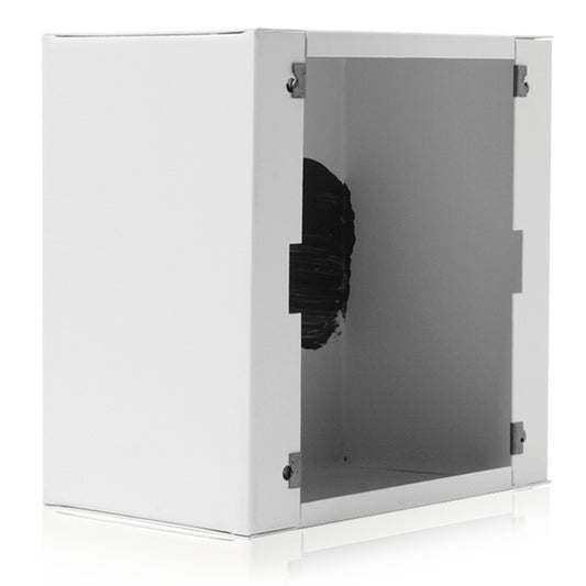 AtlasIED SE198-4 white surface mount square enclosure, angled view showing open interior and mounting clips