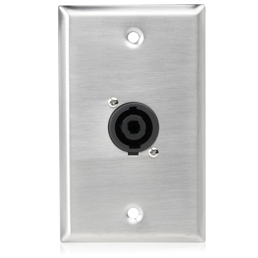 AtlasIED SG-NL4MP-1 single gang stainless steel wall plate front view with one black NL4MP speaker connector