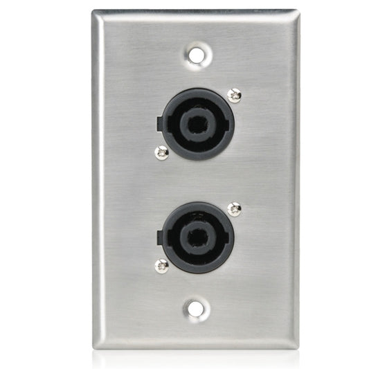 AtlasIED SG-NL4MP-2 stainless steel single gang wall plate with two black 4-pole speaker connectors