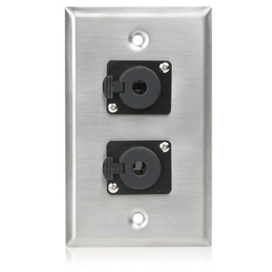 AtlasIED SG-QTRSL-F2 stainless steel single gang wall plate front with two female locking TRS jacks