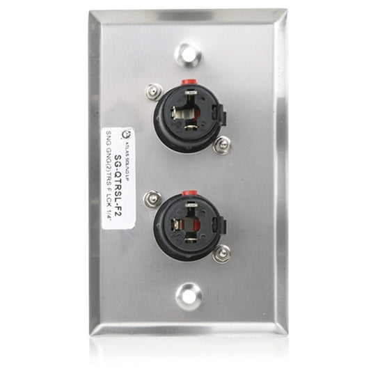 AtlasIED SG-QTRSL-F2 rear view showing solder terminals on both locking TRS connectors and model label