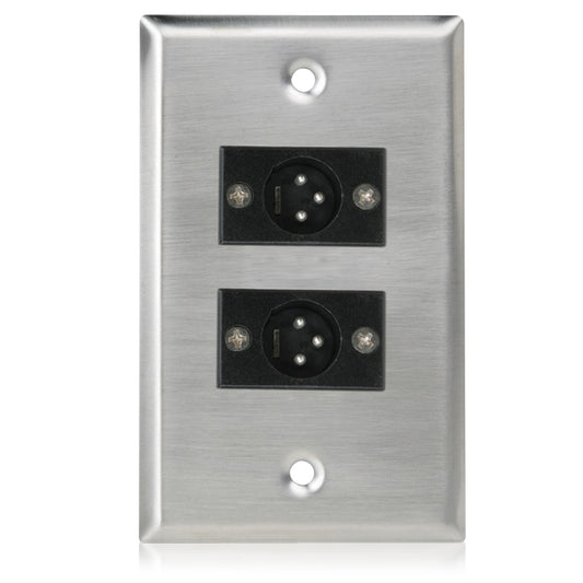 AtlasIED SG-XLR-M2 stainless steel single gang wall plate front view with two male 3-pin XLR connectors