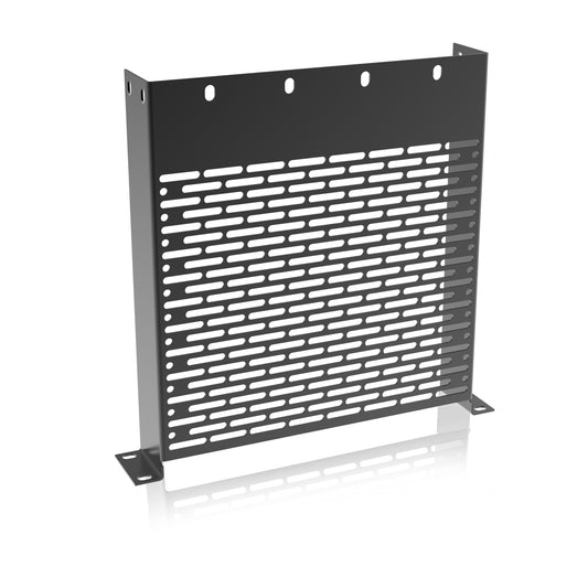 AtlasIED SH1-10-HR half-width vented rack shelf in black, angled view showing slotted vent pattern and mounting ears