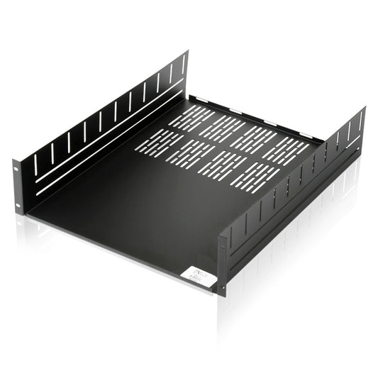 AtlasIED SH2-22 2 RU rack shelf in black, angled view showing vented deck and side rack ears