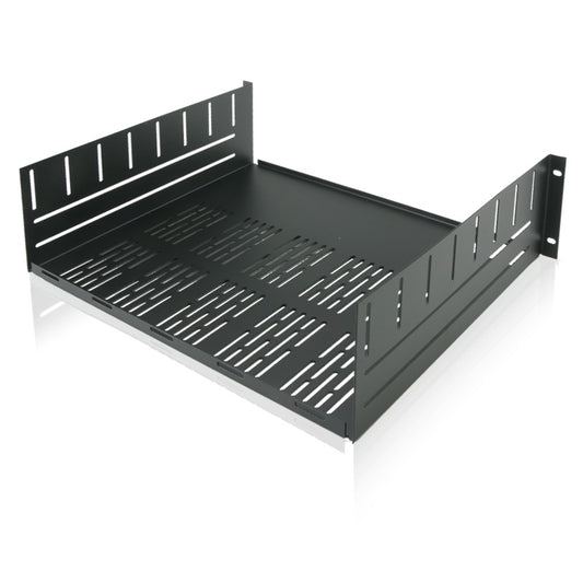 AtlasIED SH3-15 3 RU rack shelf in black, angled view showing vented deck and slotted side walls